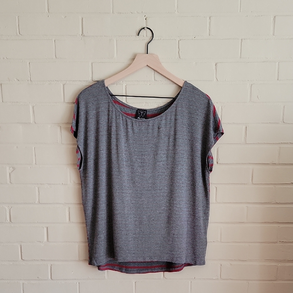 Ella Moss Gray Relaxed Cap Sleeve Striped Tee Sz L